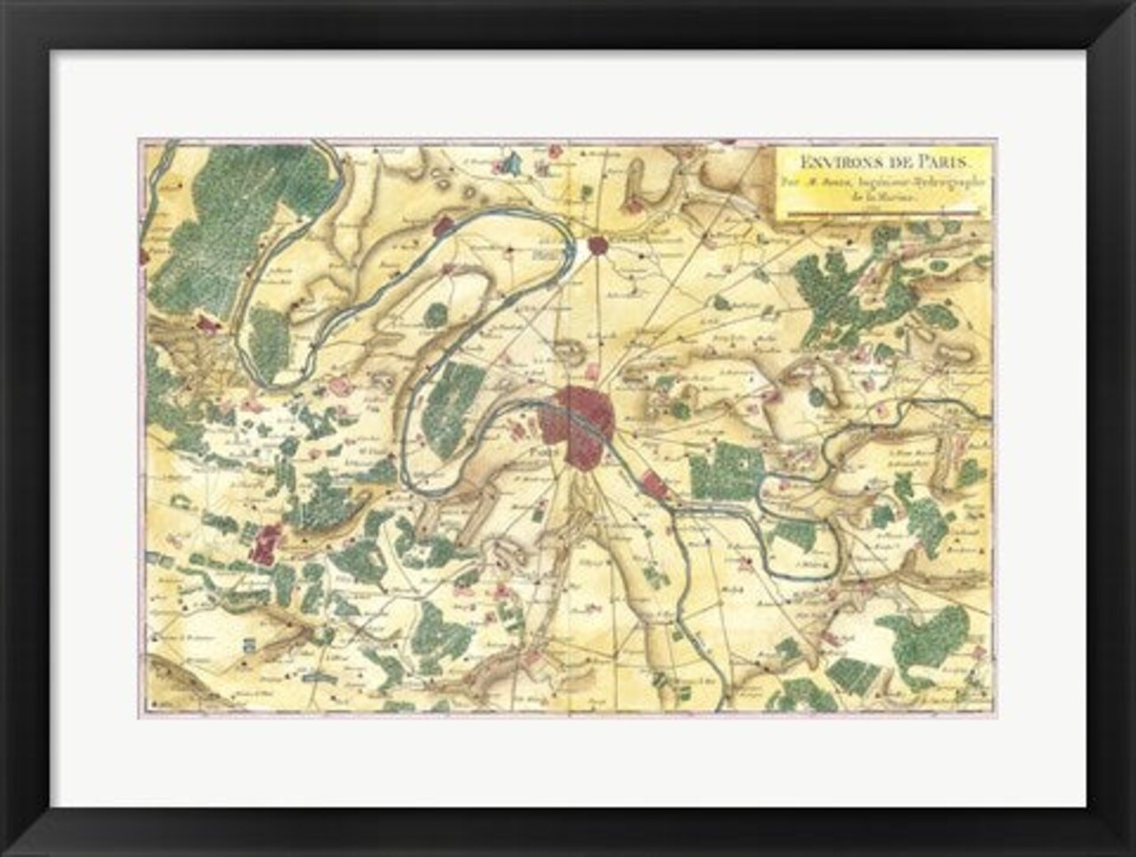 Framed Art 1780 Bonne Map of the Environs of Paris, France Wall Decor 18x24 Artwork